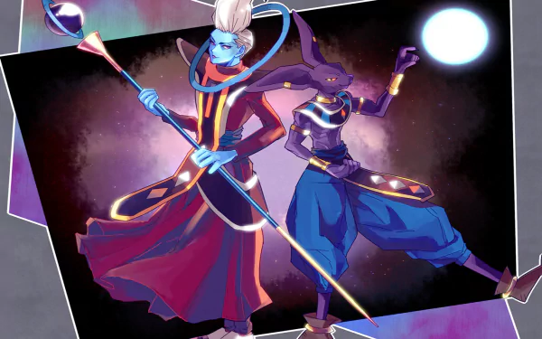 HD wallpaper featuring Beerus and Whis from Dragon Ball Super, showcasing their vibrant designs against a cosmic backdrop in an anime style.