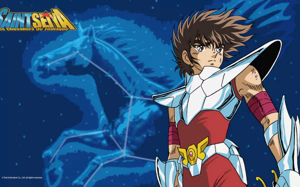 HD wallpaper featuring Pegasus Seiya from the anime Saint Seiya, showcasing the character in battle armor with a Pegasus constellation and the Saint Seiya logo in the background.