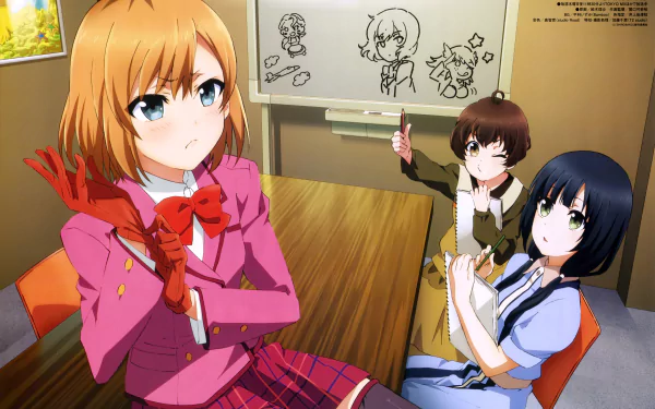 HD wallpaper featuring characters from Shirobako anime in an office setting, discussing over a storyboard.