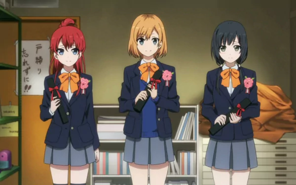 HD desktop wallpaper from Shirobako featuring three main characters in school uniforms, with a warm setting in the background.