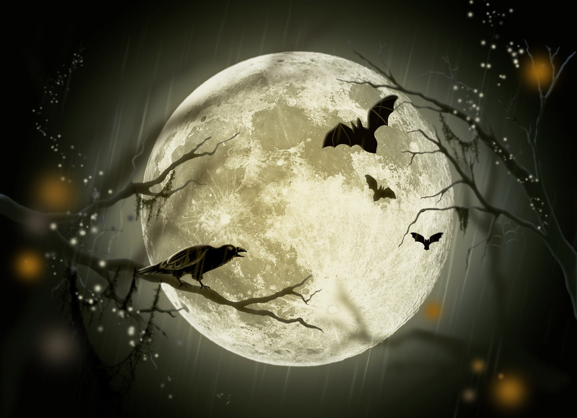 HD Halloween desktop wallpaper featuring a glowing full moon with silhouettes of bats, crows, and birds perched on bare branches in a dark, eerie night scene.