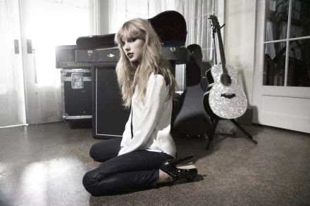 HD desktop wallpaper featuring Taylor Swift, stylishly posed with a sparkling guitar and musical equipment in a bright, modern setting.