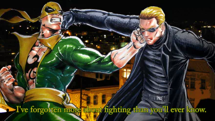 Comic Iron Fist (Marvel Comics) in green and yellow strikes a blond man in a black coat against a nighttime city skyline — HD PC desktop wallpaper background.