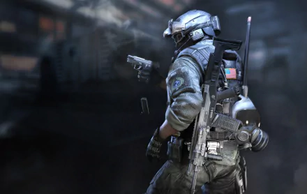 HD PC desktop wallpaper/background: a video game soldier in arctic combat gear with helmet, rifle and US flag patch standing in a foggy battlefield.