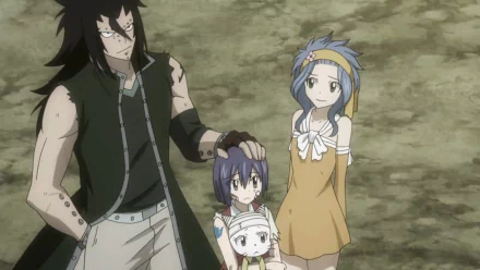 A scene from the anime *Fairy Tail*, featuring Gajeel Redfox with short hair and a coat, alongside Levy McGarden, Wendy Marvell, and a child, all smiling together.