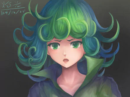 Tatsumaki from One-Punch Man, depicted in vibrant green hair and a serious expression, serves as a striking 4K Ultra HD anime wallpaper for desktop backgrounds.