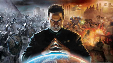 HD PC desktop wallpaper for the video game Empire Earth III: a commanding leader over a glowing Earth, medieval knights clash with futuristic mechs amid a burning skyline.