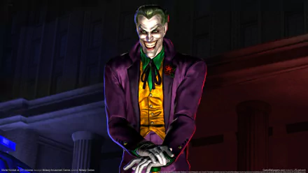 Vibrant HD wallpaper featuring the Joker from the video game Mortal Kombat Vs. DC Universe, showcasing his iconic grin and colorful outfit against a dramatic background.