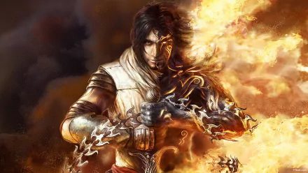 HD PC desktop wallpaper featuring the Prince of Persia: Rival Swords character engulfed in fiery, mystical flames in a dramatic and intense video game scene.