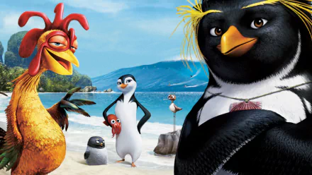 Surf's Up movie HD PC desktop wallpaper and background: animated penguin crew and rooster posing on a sunny beach with waves and distant mountains.