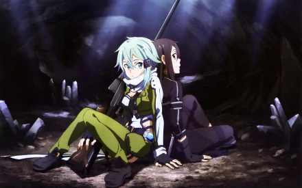HD desktop wallpaper featuring Sinon and Kirito from Sword Art Online II, with Sinon in green military attire holding a sniper rifle, and Kirito in black, back to back in a dimly lit cave.