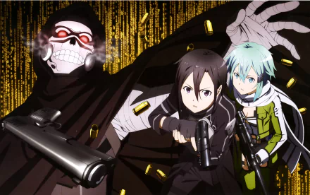 A high-definition wallpaper featuring characters from Sword Art Online II: Kirito and Sinon confront Death Gun in a dynamic scene filled with digital elements and bullet casings.