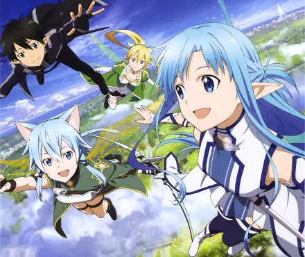 A dynamic HD wallpaper featuring Leafa, Asuna Yuuki, Sinon, and Kirito from Sword Art Online, showcasing their adventurous spirit against a vibrant sky and landscape.