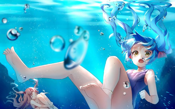 Anime Vocaloid Swimsuit Underwater Bubble Yellow Eyes Blue Hair Long Hair Hatsune Miku HD Wallpaper | Background Image