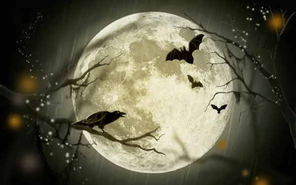 HD Halloween desktop wallpaper featuring a glowing full moon with silhouettes of bats, crows, and birds perched on bare branches in a dark, eerie night scene.