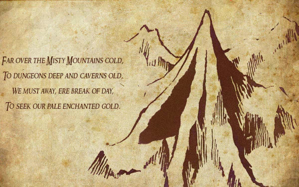 HD PC desktop wallpaper featuring a vintage-style map and a quote from The Hobbit: An Unexpected Journey, showcasing the Misty Mountains and the adventure’s theme.