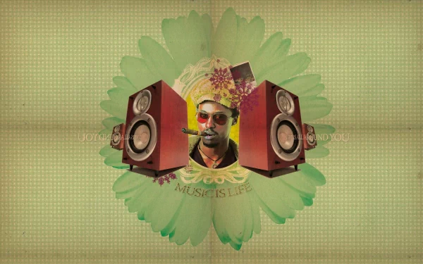 A vibrant HD desktop wallpaper featuring speakers and a musician surrounded by floral patterns, celebrating the essence of music with a lively and artistic design.