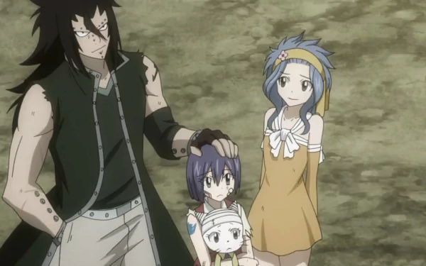 A scene from the anime *Fairy Tail*, featuring Gajeel Redfox with short hair and a coat, alongside Levy McGarden, Wendy Marvell, and a child, all smiling together.