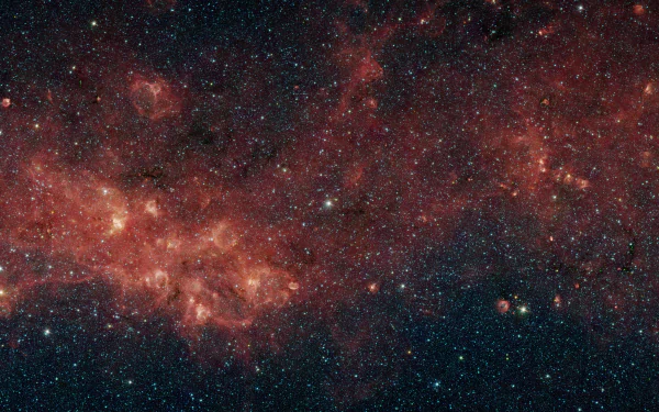 8K Ultra HD sci-fi space wallpaper featuring a detailed cosmic nebula with stars scattered across a deep red and dark blue galaxy background.