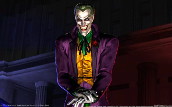 Vibrant HD wallpaper featuring the Joker from the video game Mortal Kombat Vs. DC Universe, showcasing his iconic grin and colorful outfit against a dramatic background.