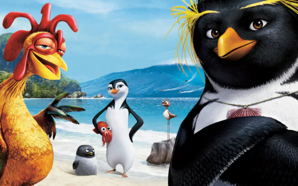 Surf's Up movie HD PC desktop wallpaper and background: animated penguin crew and rooster posing on a sunny beach with waves and distant mountains.