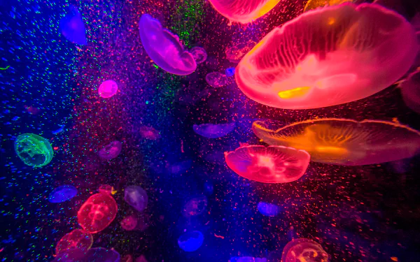 A vibrant HD desktop wallpaper featuring colorful jellyfish gracefully swimming through a sparkling backdrop, creating a mesmerizing underwater scene.