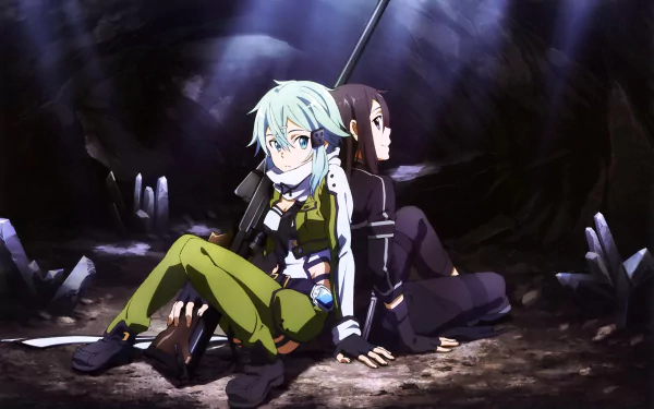 HD desktop wallpaper featuring Sinon and Kirito from Sword Art Online II, with Sinon in green military attire holding a sniper rifle, and Kirito in black, back to back in a dimly lit cave.