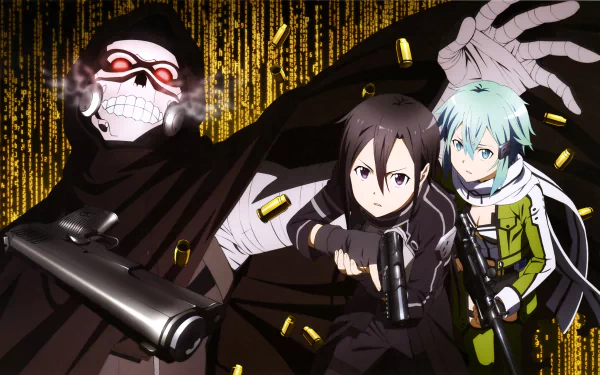A high-definition wallpaper featuring characters from Sword Art Online II: Kirito and Sinon confront Death Gun in a dynamic scene filled with digital elements and bullet casings.