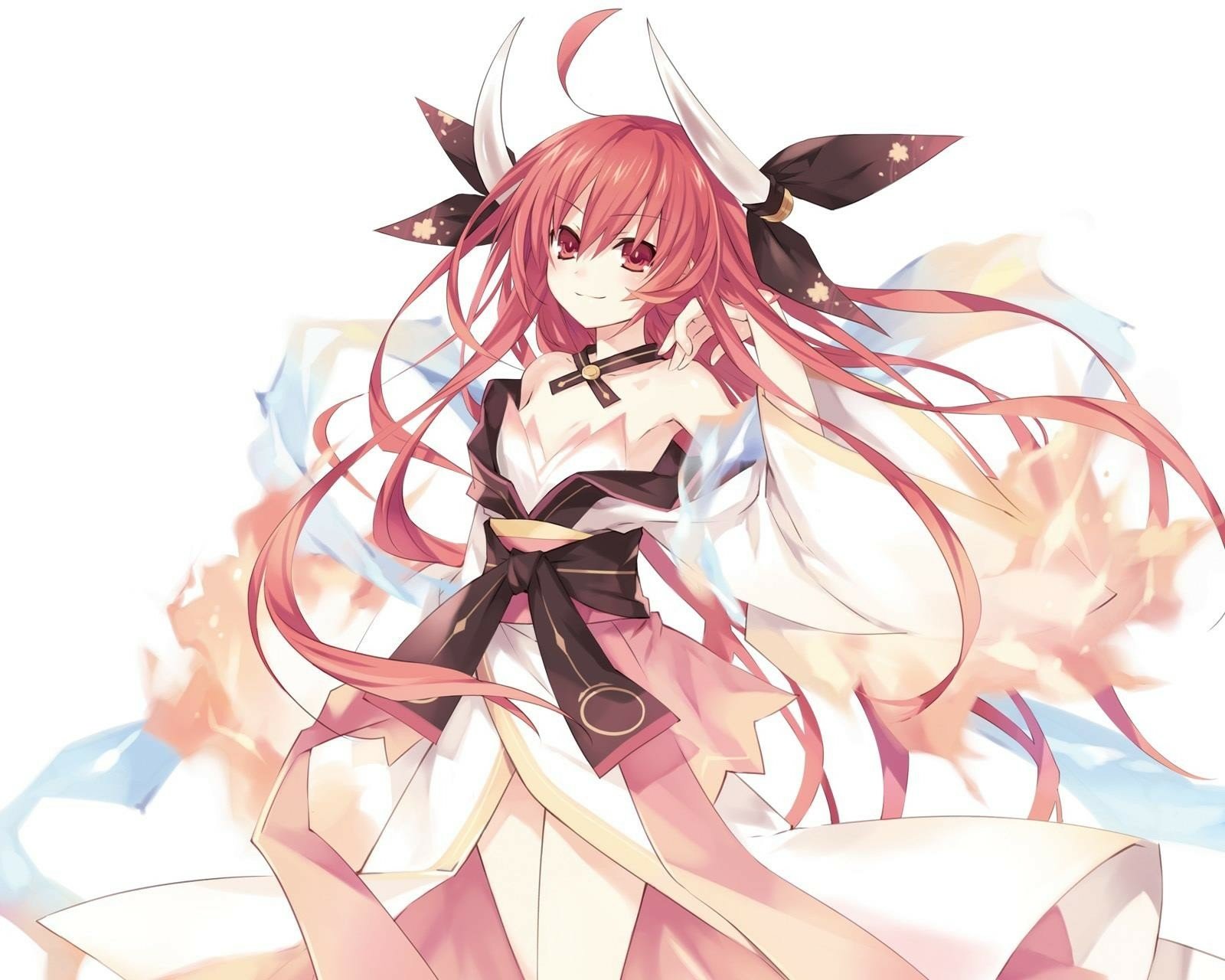 Anime character Kotori Itsuka from Date A Live. She has pink hair styled in twintails and red eyes, with a dynamic background featuring swirling colors. HD desktop wallpaper.