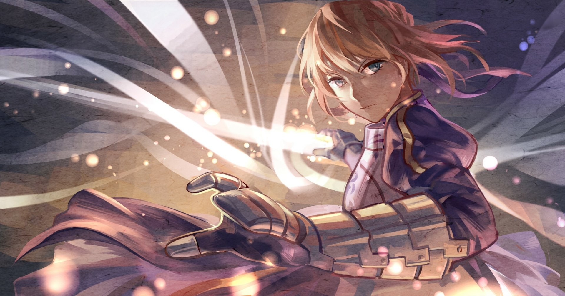 A dynamic HD wallpaper featuring Saber (Artoria Pendragon) from the Fate Series. The blonde character brandishes her sword amidst glowing effects, embodying strength and elegance.