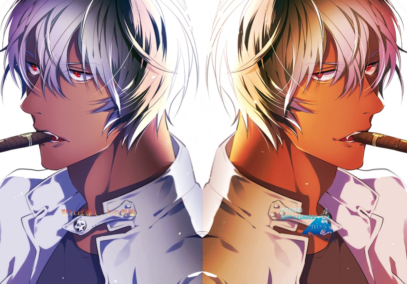 HD PC desktop wallpaper of Zapp Renfro from Blood Blockade Battlefront: mirrored anime close-up, cigar in mouth, contrasting cool and warm lighting, high-detail background.