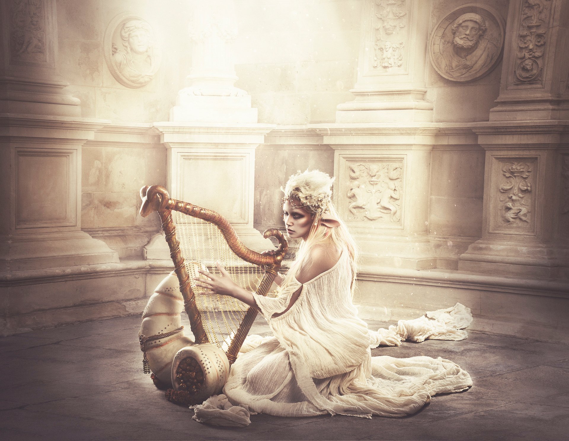 Golden elf with harp in fantasy land by Rebeca Saray