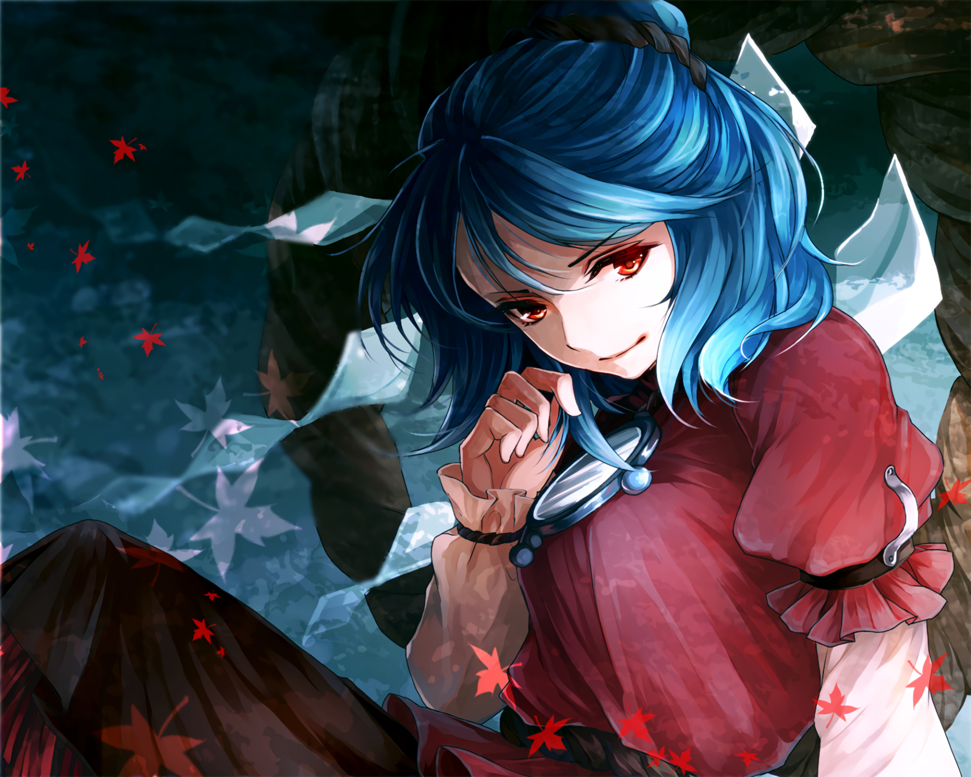 Download Kanako Yasaka Video Game Red Eyes Leaf Red Dress Blue Hair Short Hair Anime Touhou HD Wallpaper