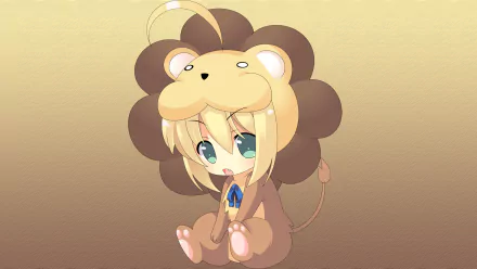 A cute chibi version of Saber Lily from the Fate series, featuring blonde hair and green eyes, dressed in a lion costume against a soft gradient background. A charming anime-themed wallpaper.