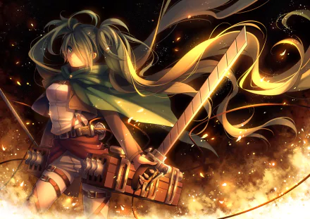 Anime crossover HD wallpaper featuring Vocaloid character Hatsune Miku with long green hair and eyes in an Attack on Titan setting, wielding a sword amidst a fiery background.