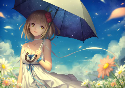 A blonde girl with short hair and yellow eyes holds an umbrella in a field of flowers. She wears a flowing dress, set against a vibrant sky, embodying a serene anime-inspired scene.