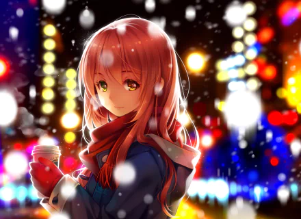 A warm, anime-style illustration of a girl in a scarf holding a coffee cup, with a backdrop of colorful lights and softly falling snow, evoking a cozy night scene.