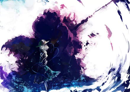 HD desktop wallpaper featuring Koishi Komeiji from Touhou with short hair and wearing a hat. The anime character stands against a vibrant, artistic background of swirling colors and abstract shapes.