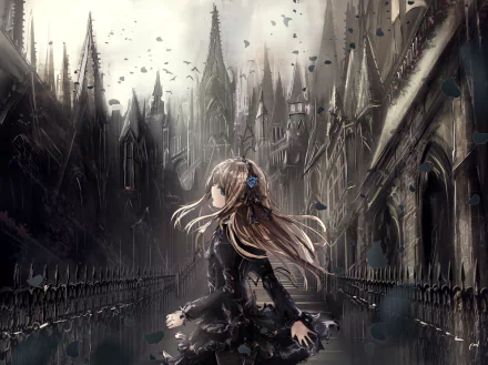 A gothic anime scene featuring a girl with long blonde hair, standing amidst a dark, enchanted landscape with towering spires, creating an atmospheric HD wallpaper.