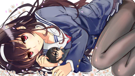 Chibi-style illustration featuring Tomoya Aki and Utaha Kasumigaoka in school uniforms, surrounded by flowers. The scene captures their bond and playful demeanor in vibrant anime art.
