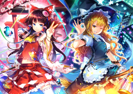 A vibrant HD desktop wallpaper featuring two anime characters: a blonde girl in thigh highs and a witch hat, alongside a brown-haired character, both inspired by Touhou.