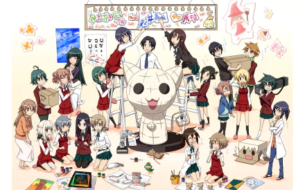 HD PC desktop wallpaper of GA Geijutsuka Art Design Class anime: students in school uniforms with blonde, white and black hair (short and long), paint supplies and a large anime cat.