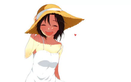 A cheerful Makoto Kikuchi from The iDOLM@STER smiles brightly, wearing a straw hat and a white dress, set against a clean, minimalistic background.