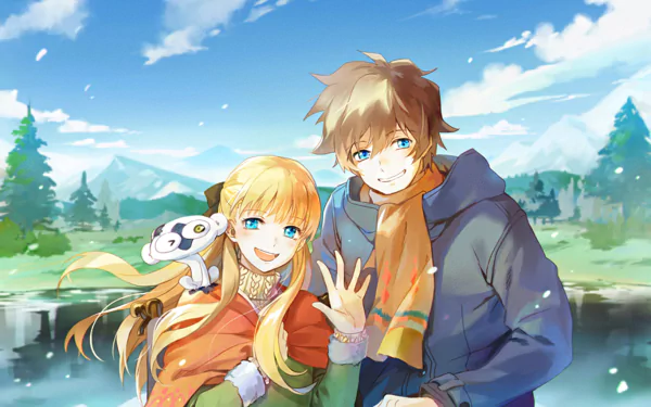 HD anime desktop wallpaper featuring Sonic Speed Monkey, Michella Watch, and Leonardo Watch from Blood Blockade Battlefront against a bright, scenic outdoor background.