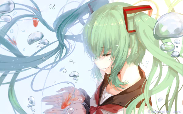 A serene HD wallpaper featuring Hatsune Miku with green twintails, surrounded by bubbles and holding a small fish, embodying the essence of anime and Vocaloid art.