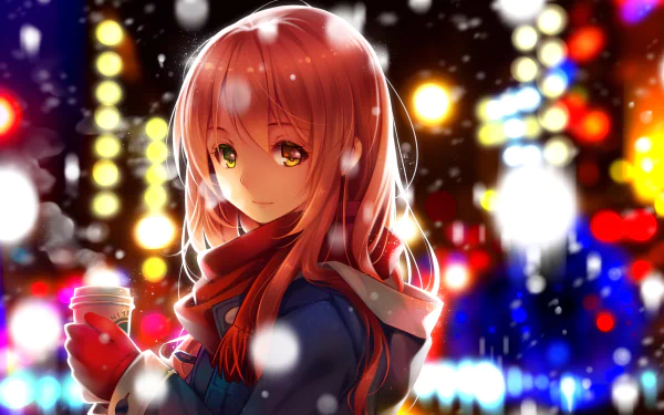 A warm, anime-style illustration of a girl in a scarf holding a coffee cup, with a backdrop of colorful lights and softly falling snow, evoking a cozy night scene.