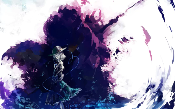 HD desktop wallpaper featuring Koishi Komeiji from Touhou with short hair and wearing a hat. The anime character stands against a vibrant, artistic background of swirling colors and abstract shapes.