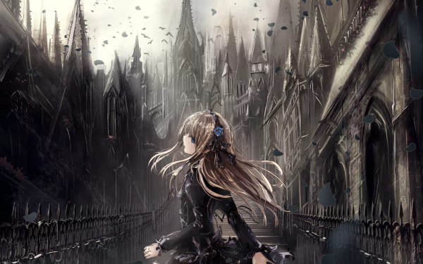 A gothic anime scene featuring a girl with long blonde hair, standing amidst a dark, enchanted landscape with towering spires, creating an atmospheric HD wallpaper.