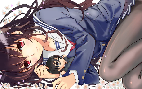 Chibi-style illustration featuring Tomoya Aki and Utaha Kasumigaoka in school uniforms, surrounded by flowers. The scene captures their bond and playful demeanor in vibrant anime art.