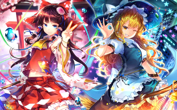 A vibrant HD desktop wallpaper featuring two anime characters: a blonde girl in thigh highs and a witch hat, alongside a brown-haired character, both inspired by Touhou.